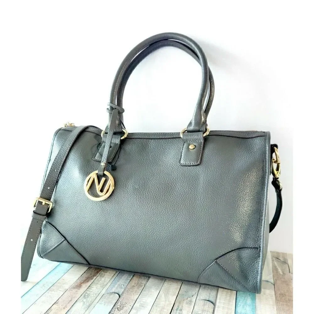 NWOT NUCIANO GRAY GENUINE LEATHER TWO WAYS SATCHEL SHOULDER BAG HANDBAG PURSE